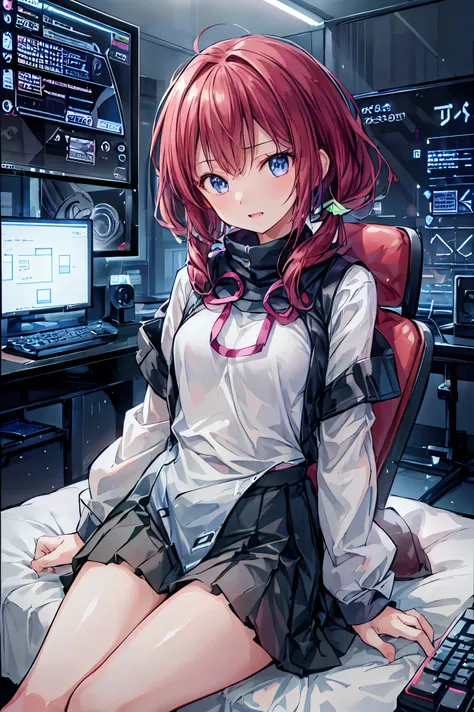 laughing,(Speaking Heart), happy, open your mouth, Candy in hand,MANIPULATE YOUR SCREEN LIKE A GAME,(((programming room interior))),EXTREME DETAIL DISPLAY,EXTREME DETAIL DRAWING,typing speedy two hands,IMMERSE YOUR SCREEN,Anime breaking through the digital...