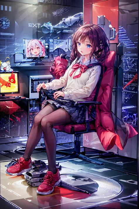 laughing,(Speaking Heart), happy, open your mouth, Candy in hand,MANIPULATE YOUR SCREEN LIKE A GAME,(((programming room interior))),EXTREME DETAIL DISPLAY,EXTREME DETAIL DRAWING,typing speedy two hands,IMMERSE YOUR SCREEN,Anime breaking through the digital...