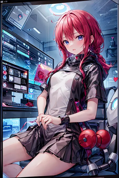 laughing,(Speaking Heart), happy, open your mouth, Candy in hand,MANIPULATE YOUR SCREEN LIKE A GAME,(((programming room interior))),EXTREME DETAIL DISPLAY,EXTREME DETAIL DRAWING,typing speedy two hands,IMMERSE YOUR SCREEN,Anime breaking through the digital...