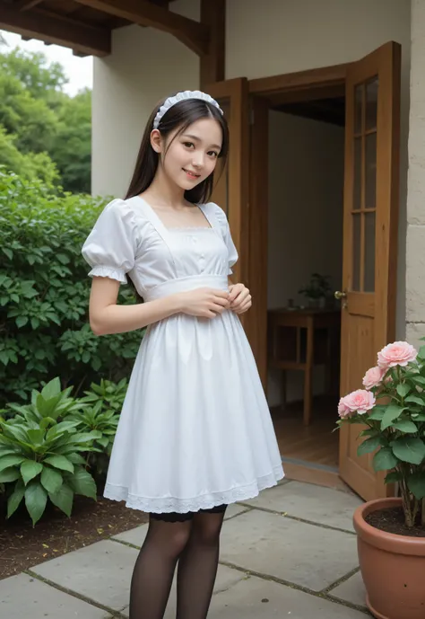 (Biological Corpse Factory)、maids,Look at the audience,(skinny:1.04),(younger:1.22),(braids:0.3),(Bang Hair:0.3),(twin tails:0.3),(ponytail:0.3),(long hair:0.3),(big boobs:0.92),に付けたblack lace stockings,slouches forward,japanese,(smile:0.74),black lace sto...