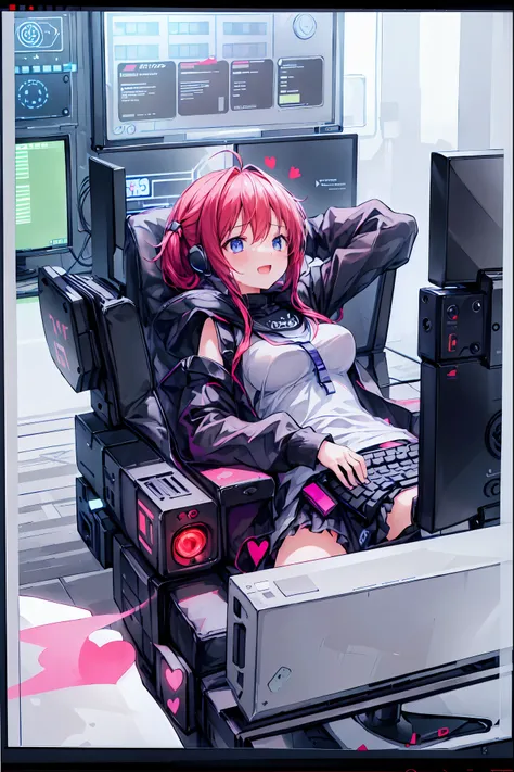laughing,(Speaking Heart), happy, open your mouth, Candy in hand,MANIPULATE YOUR SCREEN LIKE A GAME,(((programming room interior))),EXTREME DETAIL DISPLAY,EXTREME DETAIL DRAWING,typing speedy two hands,IMMERSE YOUR SCREEN,Anime breaking through the digital...