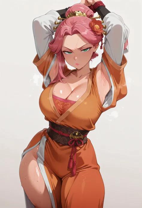 Masterpiece, best quality, amazing quality, anatomically correct, 1girl, glossy lips, sweet pheromone, (sweet body fragrance), upset, seductive glare, discomfort, heavy breathing, breath out, cleavage, skindentation, Chinese clothes, layered sleeves, short...