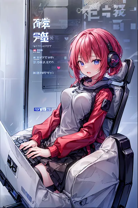 laughing,(Speaking Heart), happy, open your mouth, Candy in hand,MANIPULATE YOUR SCREEN LIKE A GAME,(((programming room interior))),EXTREME DETAIL DISPLAY,EXTREME DETAIL DRAWING,typing speedy two hands,IMMERSE YOUR SCREEN,Anime breaking through the digital...