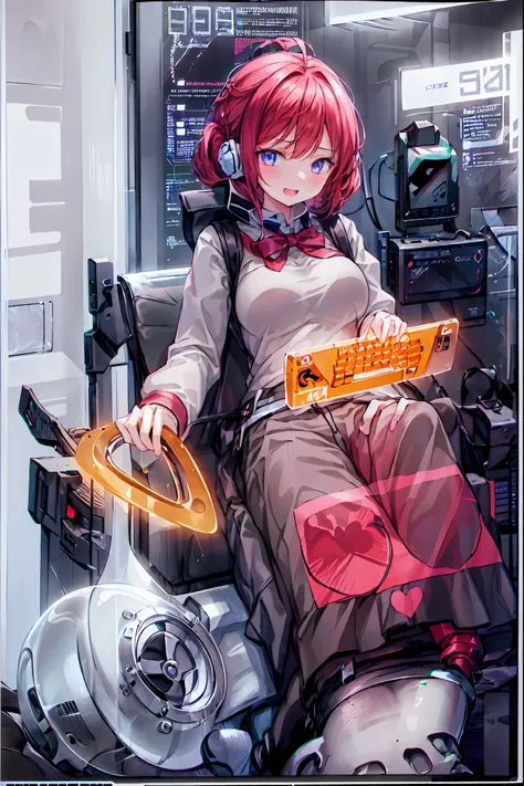 laughing,(Speaking Heart), happy, open your mouth, Candy in hand,MANIPULATE YOUR SCREEN LIKE A GAME,(((programming room interior))),EXTREME DETAIL DISPLAY,EXTREME DETAIL DRAWING,typing speedy two hands,IMMERSE YOUR SCREEN,Anime breaking through the digital...