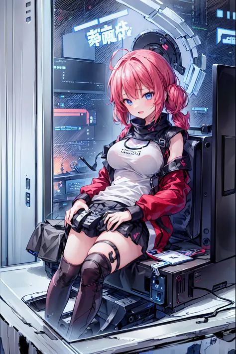 laughing,(Speaking Heart), happy, open your mouth, Candy in hand,MANIPULATE YOUR SCREEN LIKE A GAME,(((programming room interior))),EXTREME DETAIL DISPLAY,EXTREME DETAIL DRAWING,typing speedy two hands,IMMERSE YOUR SCREEN,Anime breaking through the digital...