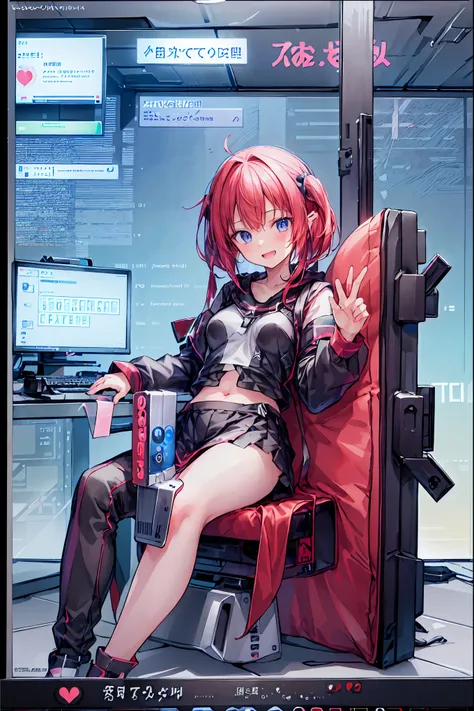 laughing,(Speaking Heart), happy, open your mouth, Candy in hand,MANIPULATE YOUR SCREEN LIKE A GAME,(((programming room interior))),EXTREME DETAIL DISPLAY,EXTREME DETAIL DRAWING,typing speedy two hands,IMMERSE YOUR SCREEN,Anime breaking through the digital...