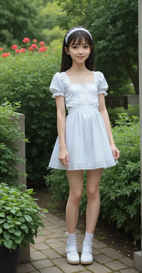 (1 cute young girl)、maids,Look at the audience,(skinny:1.5),(younger:1.5),(toddler wearing top_body:1.4),(braids:0.3),(Bang Hair:0.3),(twin tails:0.3),(ponytail:0.3),(long hair:0.3),(big boobs:0.92),に付けたblack lace stockings,slouches forward,japanese,(smile...