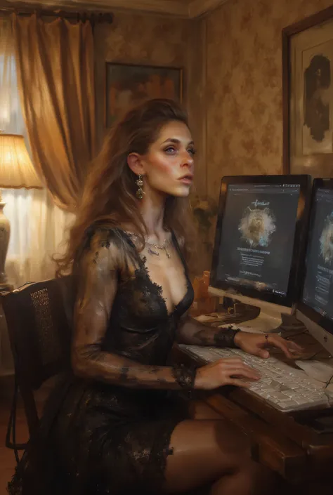 Beautiful young woman typing on a computer keyboard while looking at multiple monitors in a room、The room has floral wallpaper、well-equipped wooden furniture and furnishings、Her clothes are elegant and elegant