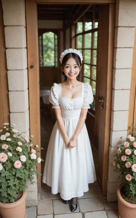 one girl、maids,Look at the audience,(skinny:1.19),(younger:0.95),from above,slouches forward,(big boobs:0.06),Watering flowers outside the mansion,japanese,(Smile Yang:1.05),black lace stockings