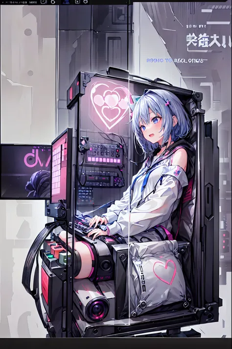 laughing,(Speaking Heart), happy, open your mouth, Candy in hand,MANIPULATE YOUR SCREEN LIKE A GAME,(((programming room interior))),EXTREME DETAIL DISPLAY,EXTREME DETAIL DRAWING,typing speedy two hands,IMMERSE YOUR SCREEN,Anime breaking through the digital...