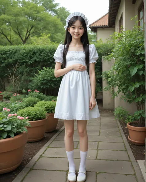 (1 cute young girl)、maids,Look at the audience,(skinny:1.5),(younger:1.5),(toddler wearing top_body:1.4),(braids:0.3),(Bang Hair:0.3),(twin tails:0.3),(ponytail:0.3),(long hair:0.3),(big boobs:0.92),に付けたblack lace stockings,slouches forward,japanese,(smile...