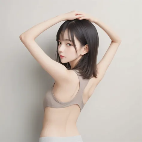 one girl、are wearing tank tops、raise your hand and look at your armpits taken from behind,Rating_Safety,(skinny:1.36),(younger:1.19),Restrained by 、Look at the audience,japanese,(Smile Yang:0.27)