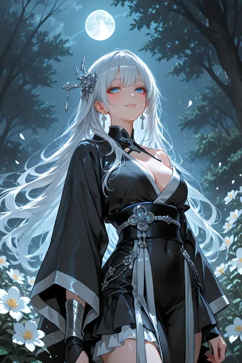 1girl, solo, ~165 cm, slim toned build, elegant posture, fair skin, white-silver hair glowing in moonlight, crystal-blue eyes open, gentle smile, standing naturally on solid ground.
Wearing black-silver fantasy kimono (one shoulder exposed, flowing sleeve,...