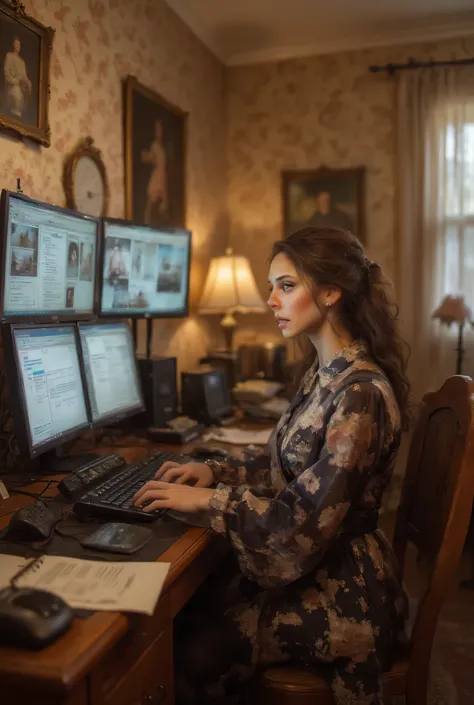 Beautiful young woman typing on a computer keyboard while looking at multiple monitors in a room、The room has floral wallpaper、well-equipped wooden furniture and furnishings、Her clothes are elegant and elegant