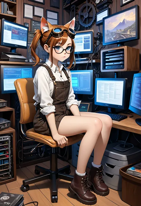 (oil painting, 8K, masterpiece), An adorable cute 16 year old  nerd computer hacker with brunette twin-tails and black nerd frame glasses, in rolled up dungarees, a man's dress shirt with the shirttails hsnging loose, and black steampunk goggles is focused...