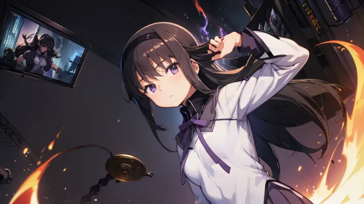  1 girl,   anime girl ,  best quality,  bodybuilding , logic, big,  wallpaper, School, ,  Fascinating ,  Homura Akemi, Flame