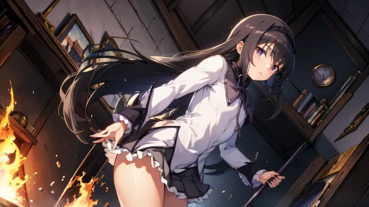  1 girl,   anime girl ,  best quality,  bodybuilding , logic, big,  wallpaper, School, ,  Fascinating ,  Homura Akemi, Flame