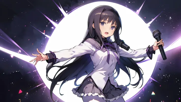 is singing with a microphone、1 Girl,   Anime Girl ,  Highest Quality,  Bodybuilding , logic, big,  Wallpaper, school, ,  charming ,  Homura Akemi, frame