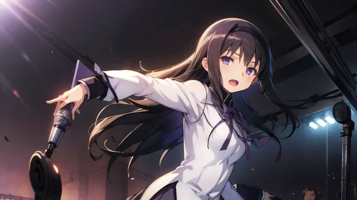 is singing with a microphone、1 Girl,   Anime Girl ,  Highest Quality,  Bodybuilding , logic, big,  Wallpaper, school, ,  charming ,  Homura Akemi, frame