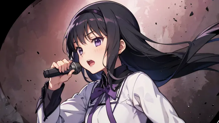is singing with a microphone、1 Girl,   Anime Girl ,  Highest Quality,  Bodybuilding , logic, big,  Wallpaper, school, ,  charming ,  Homura Akemi, frame