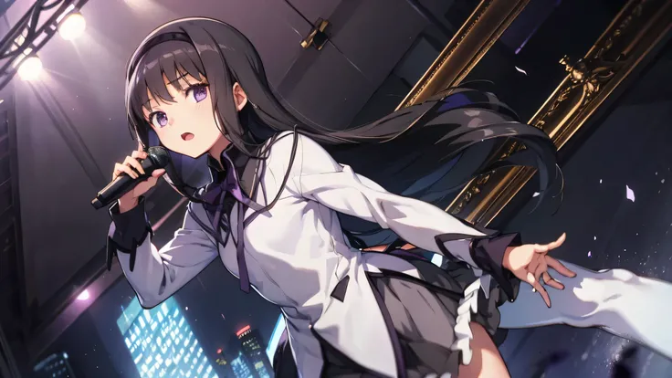 is singing with a microphone、1 Girl,   Anime Girl ,  Highest Quality,  Bodybuilding , logic, big,  Wallpaper, school, ,  charming ,  Homura Akemi, frame