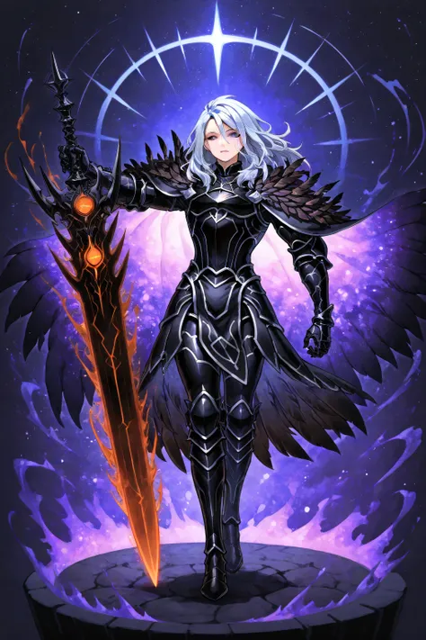 Estilo final fantasy tactics, watercolor shading, hand-painted texture,  dynamic pose style , fine line art with delicate shading,A powerful dark knight with long silver hair and bright violet eyes, emanating a dark and majestic aura. He wears detailed bla...