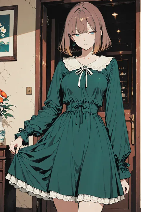womanhood, Mochizuki Keifu Movie Anime Style Illustration, Limited Clean and Refined Colors, sophisticated palette. womanhood가 수줍게 웃고 있다: short brown hair , 髪の毛が一本ある., is wearing a green dress, Gentle Poses Conveying Kindness. first half of 30、married w...