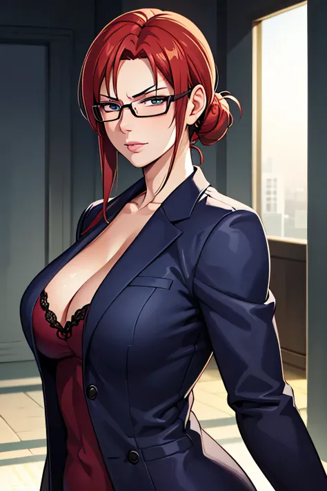 anime style, upper body portrait, elite American female detective, 42 years old, tall and busty, faded deep red hair tied back, sharp skeptical eyes behind glasses, smoking a cigarette, strong rouge lips, expensive grey pantsuit, tired and sarcastic expres...