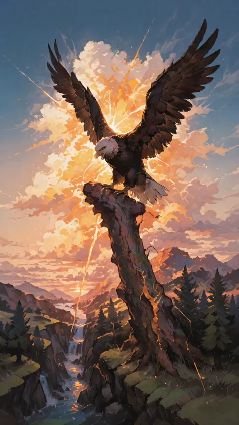 Majestic golden eagle in full flight hanging over a deep gorge at dawn, impressive wingspan of fully extended wings gradually dissolving into ethereal filaments at the tips that merge perfectly with golden cirrus clouds, the bird's powerful body partially ...