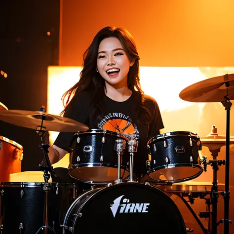 Drummer of Fire、womanhood、long hair、White Colossal Breast Tee、Smile Yan、sitting in front of a drum set、during a powerful performance、Passionate look、Flame-like Orange and Red Lighting Effects、Hair Swings to the Rhythm、black rock style costume、on the lips、c...