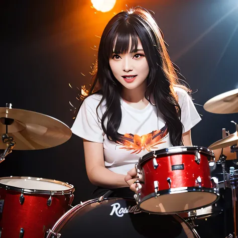 Drummer of Fire、womanhood、long hair、White Colossal Breast Tee、Smile Yan、sitting in front of a drum set、during a powerful performance、Passionate look、Flame-like Orange and Red Lighting Effects、Hair Swings to the Rhythm、black rock style costume、on the lips、c...