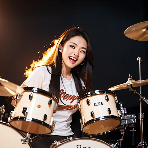 Drummer of Fire、womanhood、long hair、White Colossal Breast Tee、Smile Yan、sitting in front of a drum set、during a powerful performance、Passionate look、flaming orange and red lighting effects、hair shaking to the rhythm、black rock style costume、on the lips、con...