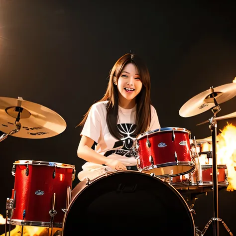 Drummer of Fire、womanhood、long hair、White Colossal Breast Tee、Smile Yan、sitting in front of a drum set、during a powerful performance、Passionate look、flaming orange and red lighting effects、hair shaking to the rhythm、black rock style costume、on the lips、con...
