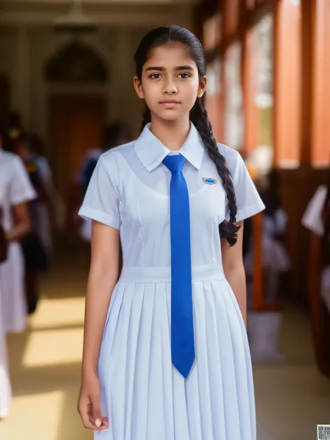 a teen girl in srilanka, detailed white frock, color tie, , cinematic lighting, hyperrealistic, photorealistic, 8k, masterpiece, warm colors, natural lighting, detailed school uniform, detailed facial features, beautiful eyes, cute expression, high quality...