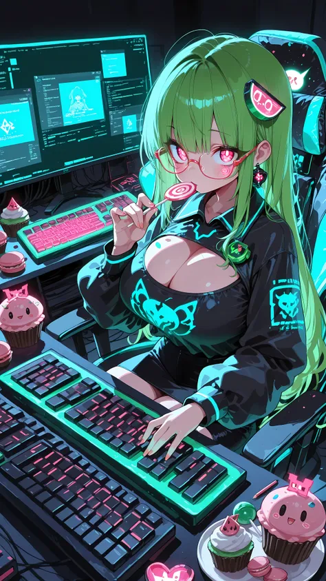 Vannamelon,((so amazing)), (Extremely Aesthetic ), (Hacker who uses a high-spec PC to access a country's data bank), (Data Science Hacker Outfit). BREAK very stylish loose cute glasses, I'm sitting in a gaming chair, Holds Lollipop Candy, Dual Multi Monito...
