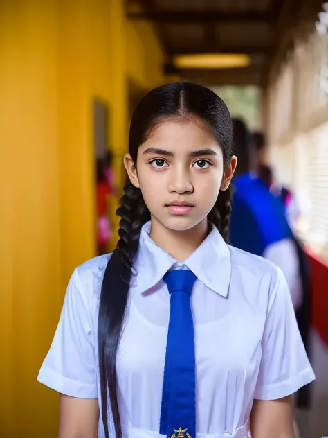 a teen girl in srilanka, detailed white frock, color tie, , cinematic lighting, hyperrealistic, photorealistic, 8k, masterpiece, warm colors, natural lighting, detailed school uniform, detailed facial features, beautiful eyes, cute expression, high quality...