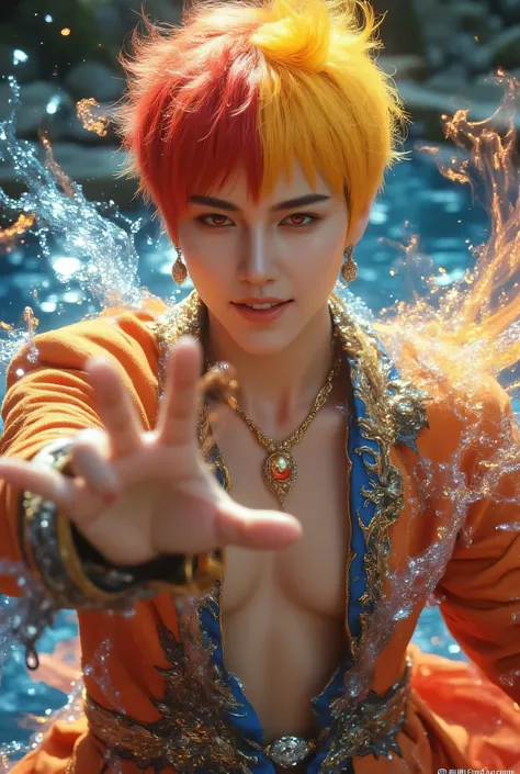 Spiky short髪、half yellow and half red Spiky short hair、 very big red eyes 、laughing、yellow eyebrows 、Thin, clean, high nose、Smooth, Thin Jaws、Fancy Fantasy Outfits、Beautiful Young Man with Smooth White Silk Skin、luxury necklace、gorgeous earrings、Luxurious ...