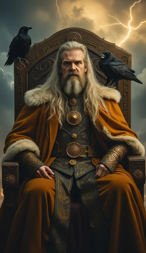 David Harbour as Odin, the Norse All-Father, sitting, ancient wooden throne carved with Norse symbols, wears  regal cloak of burnt orange and gold, lined with fur, intricate armor adorned with knotwork and divine insignias, long white hair and beard flow, ...