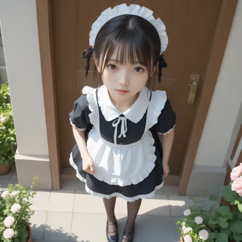 one girl、maids,Look at the audience,(skinny:0.47),(younger:0.94),from above,slouches forward,Watering flowers outside the mansion,japanese,(Smile Yang:0.13),black lace stockings