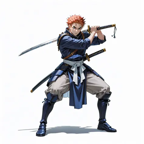 (male), (adult man), (slim body), (red hair), (short messy hair), (blue eyes), (serious expression), (solo), (single character), (full body version), (white background), (no background), (highly detailed), (shadow), (standing pose holding sword), (natural ...