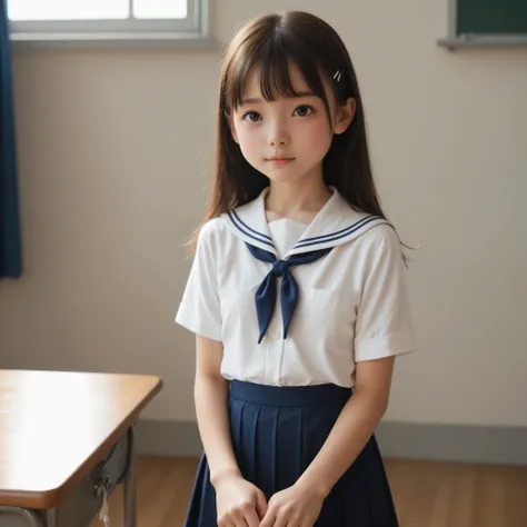 ( white skin:1.0),cute girl with detailed and round eyes,かわいいyounger女の子,slender,short,skinny,Slender,thin body,toddler wearing top_body,younger,score_7_ up,score_8_ up,score_9,Realistic,uniform,, a girl who looks like a puppet,ejaculation,small breasts,sun...