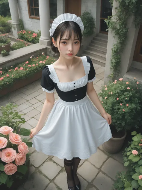 one girl、maids,Look at the audience,(skinny:0.96),(younger:0.55),from above,slouches forward,(big boobs:0.16),Watering flowers outside the mansion,japanese,(Smile Yang:0.19),black lace stockings