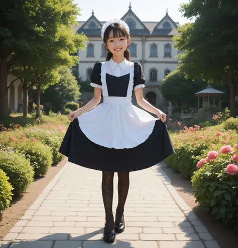 1 younger可愛い日本人の女の子,(big boobs:0.41),maids,black lace stockings,Look at the audience,(skinny:0.72),(smile:0.96),is watering flowers outside the mansion,(younger:0.98),from above