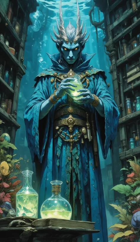 Triton, head fins, gills and fins, scales, 1man, 1male, 1boy, solo, blue skin, red hair, yellow eyes, alchemist, standing, underwater laboratory, glowing potions, ancient books, strange aquatic plants, with shimmering scales reflecting bioluminescent light...