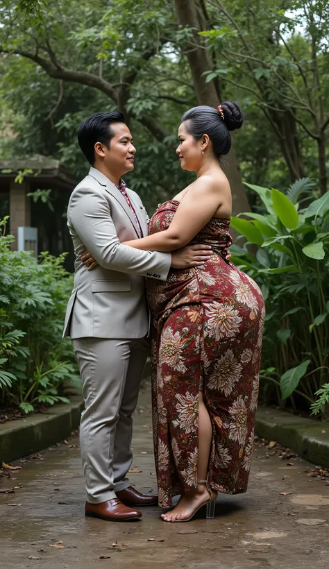 A Javanese attractive mature woman with a provocative curvaceous body, realistic big breast and nipples, is 60 years old and has a figure with prominent curves, a plump with perfect proportions curves, generous curves and plus-size, a body with an hourglas...