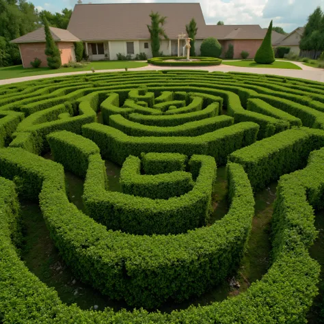 Meticulously manicured juniper bushes in the shape of a labyrinth with the words "(SPY and NOT ART are both SATAN,)" inside of it, perfect spelling, a large two-story house in the background, icon style. Ultra-realistic, photo-realistic, cinematic photogra...