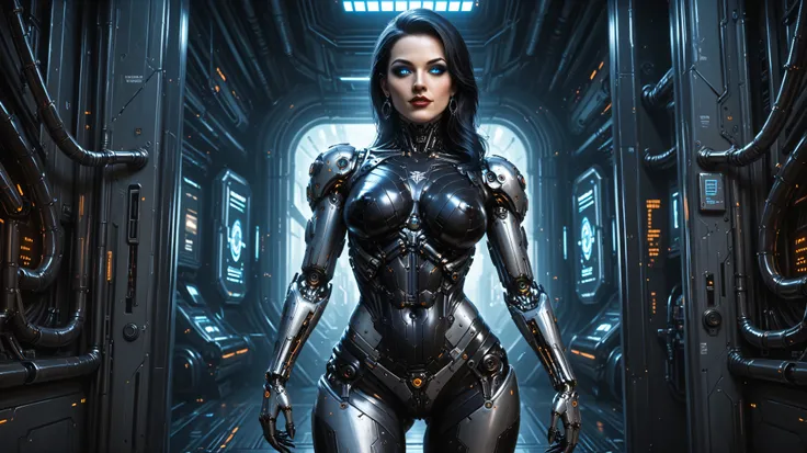 Realistic image, photorealistic, high quality, realistic,
(Image of a robot with a cybernetic imitation of a curvy female body with large cybernetic breasts), shot from mid-height.
Cybernetic head - Nicole Kidman's face, long hair, glowing eyes, blue eyes,...
