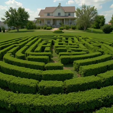 Meticulously manicured juniper bushes in the shape of a labyrinth with the words "(SPY and NOT ART are both SATAN,)" inside of it, perfect spelling, a large two-story house in the background, icon style. Ultra-realistic, photo-realistic, cinematic photogra...