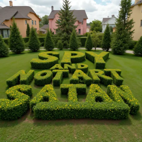 Meticulously manicured juniper bushes in the shape of the words "SPY and NOT ART are both SATAN," with perfect spelling, with large houses in the background that are different colors, icon style. Ultra-realistic, photo-realistic, cinematic photography, hyp...