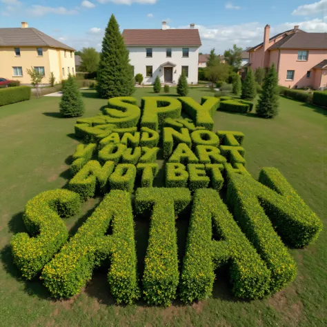 Meticulously manicured juniper bushes in the shape of the words "SPY and NOT ART are both SATAN," with perfect spelling, with large houses in the background that are different colors, icon style. Ultra-realistic, photo-realistic, cinematic photography, hyp...